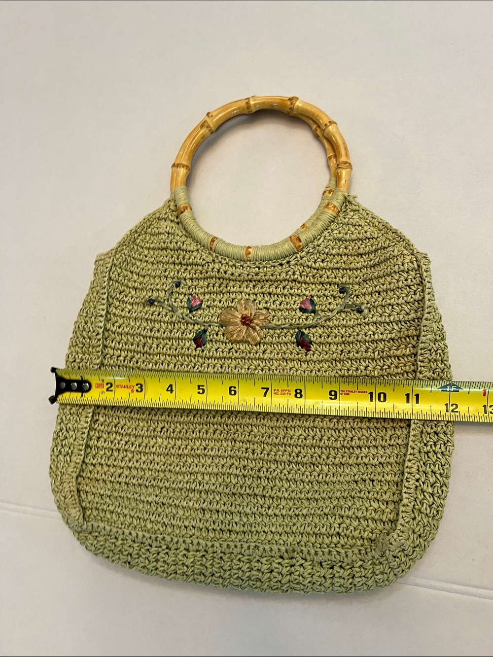 SCALA GAL Y2K GREEN WOVEN TWINE WITH FLOWERS WITH BAMBOO HANDLES BAG PURSE - Picture 6 of 12